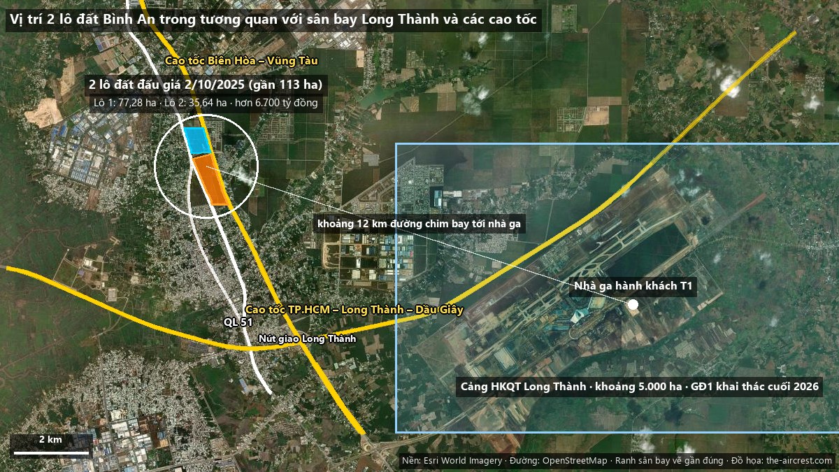 Toàn cảnh vị trí hai lô đất Bình An so với sân bay Long Thành, cao tốc TP.HCM – Long Thành – Dầu Giây và cao tốc Biên Hòa – Vũng Tàu