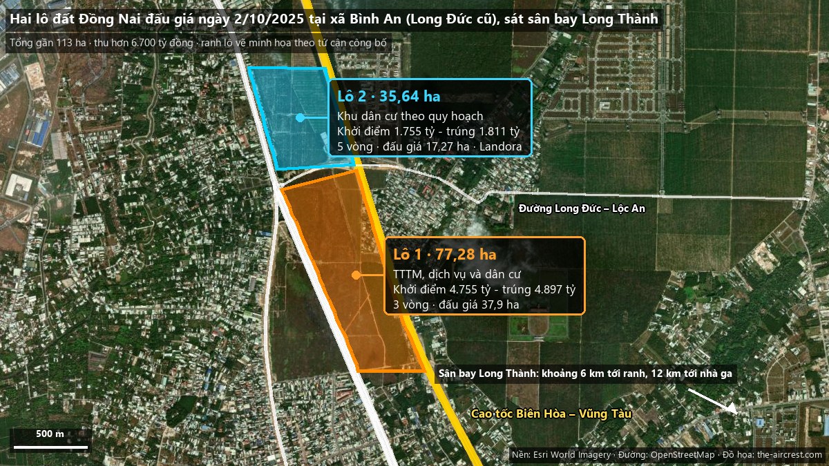 Bản đồ vị trí hai lô đất 77,28 ha và 35,64 ha tại xã Bình An, Long Thành, kẹp giữa Quốc lộ 51 và cao tốc Biên Hòa – Vũng Tàu